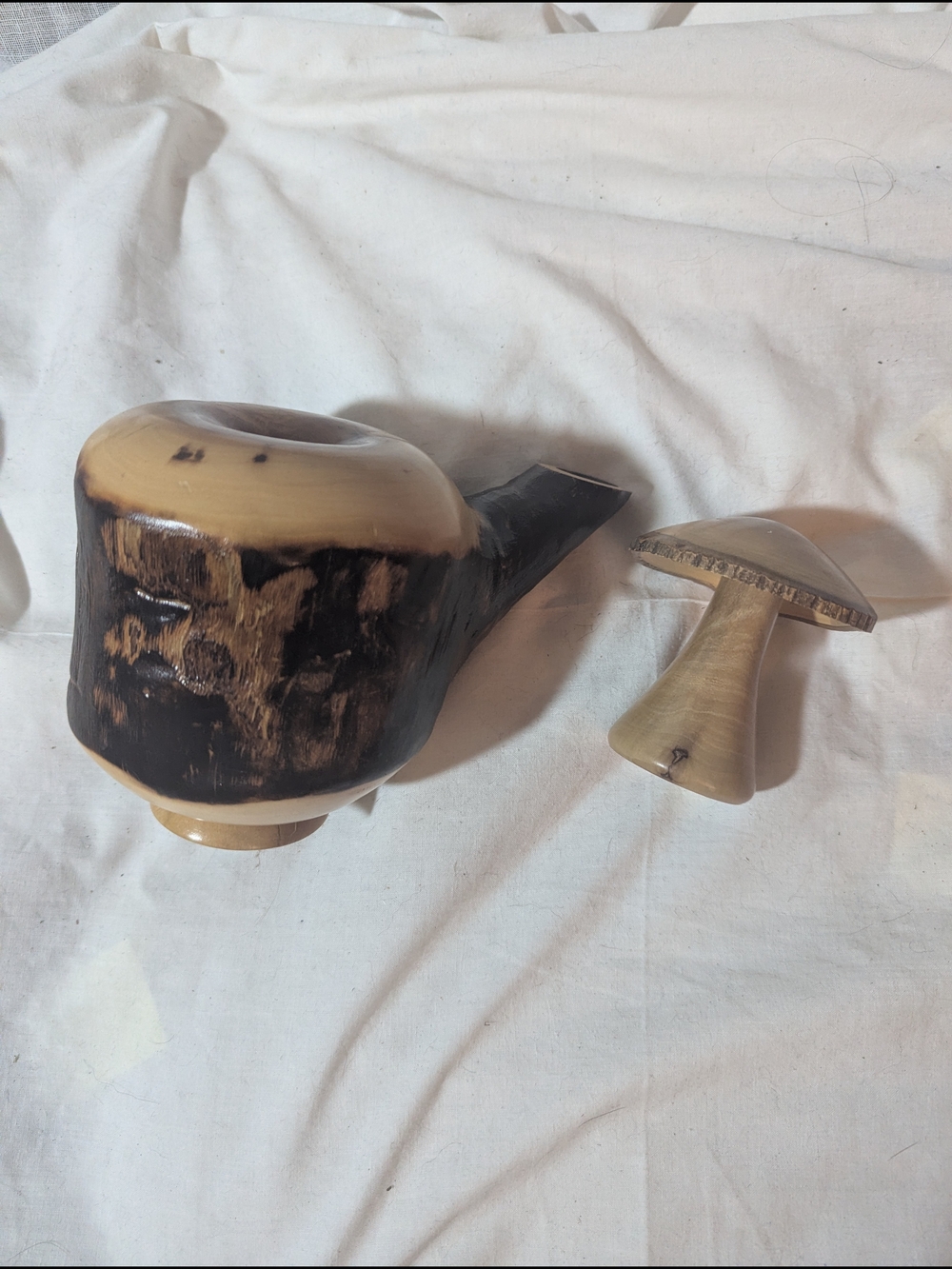 Hand-Carved Decorative Mushroom And Teapot Olive Wood Sculpture Crete Home Art